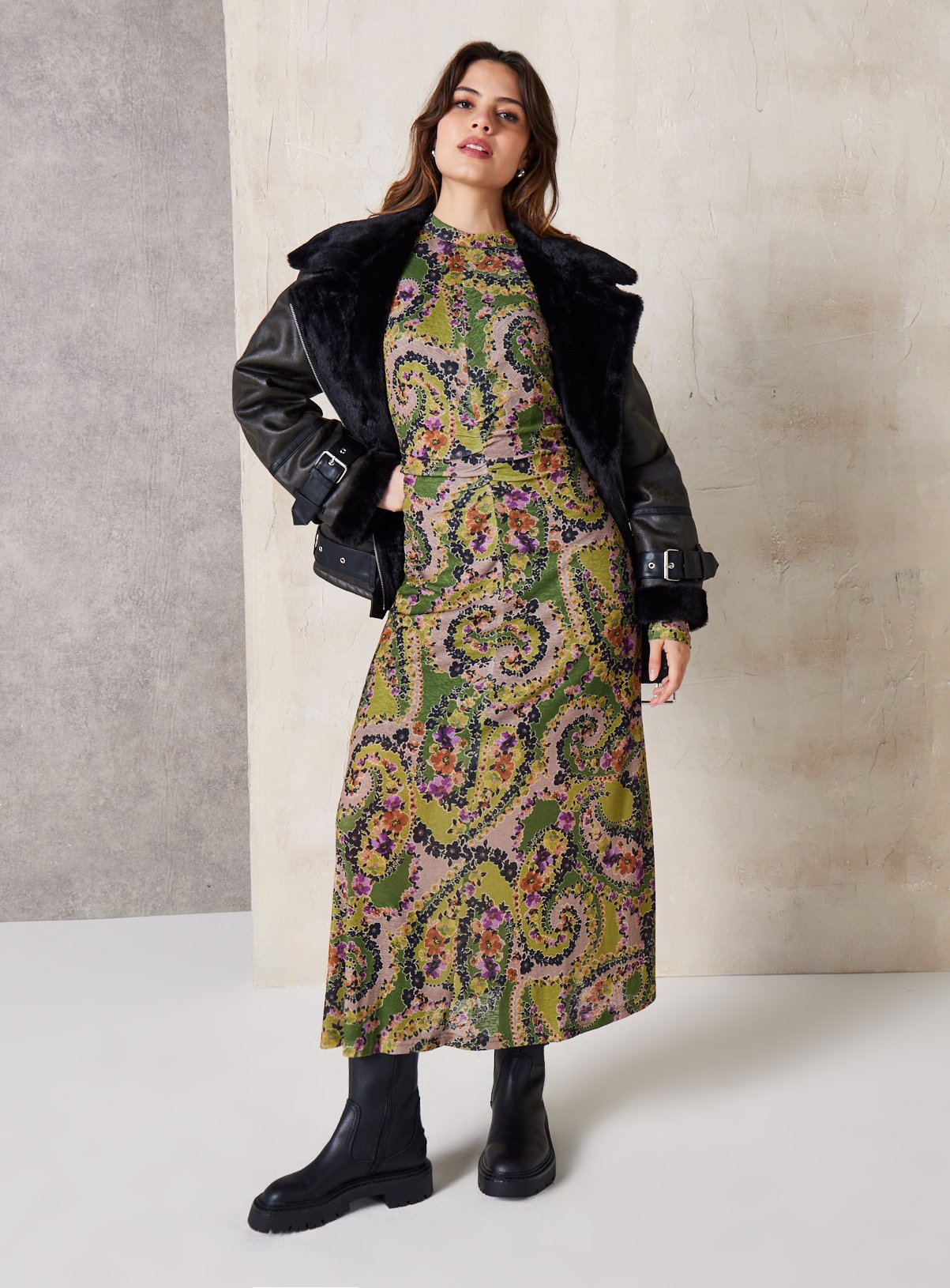 EVERBELLE Jacquard Paisley Print Ruched Jersey Dress 8 - Image 3 thumbnail